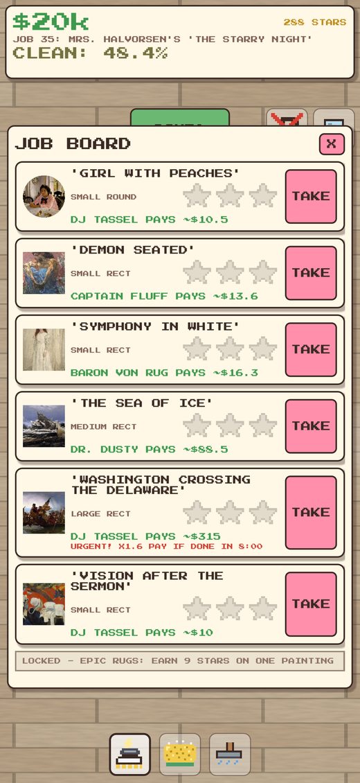 The job board, with carpets to choose from
