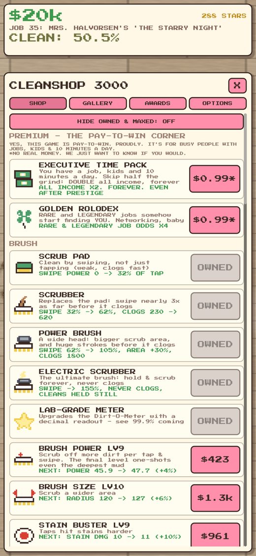CleanShop 3000, full of upgrades